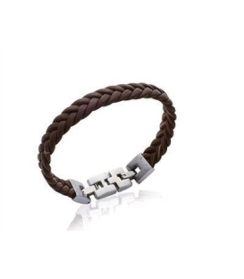 Bracelet en cuir brun tressé plat et acier