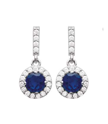 Boucles d 'oreilles argent massif pendant rond zirconium bleu saphir et blanc 